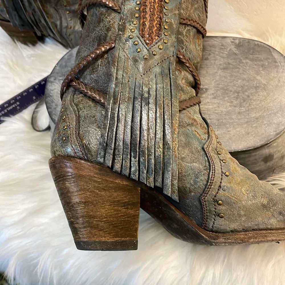 #0167 Corral Vintage Leather Snip Toe Cowboy Boot With Fringe-7.5 - Picture 12 of 15
